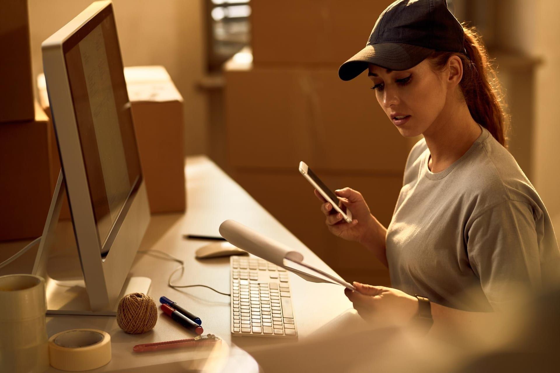 Young Delivery Woman Using Mobile Phone While Going Through Dispatch List Office 637285 6319