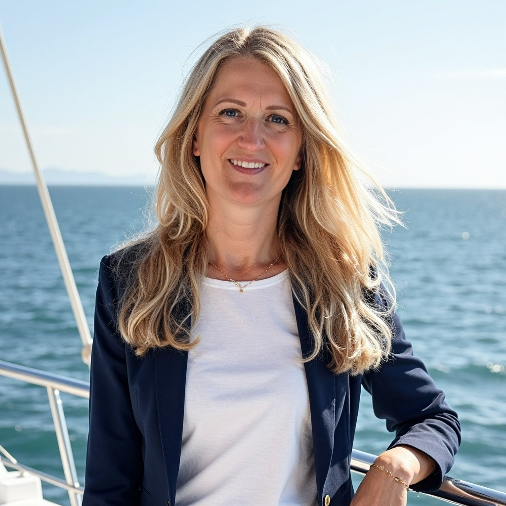 Jen Bro standing on a yacht wearing a navy blazer with the ocean behind her.