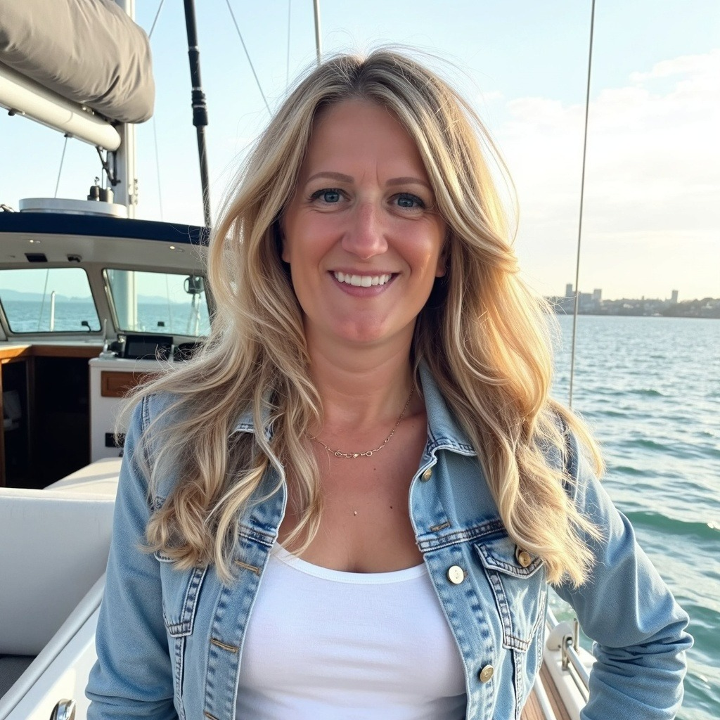 Jen Bro smiling aboard a sailboat wearing a denim jacket near the waterfront.