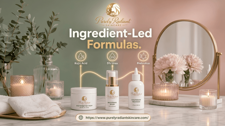 Elegant skincare display featuring products with kojic acid, urea, and prebiotics on a table